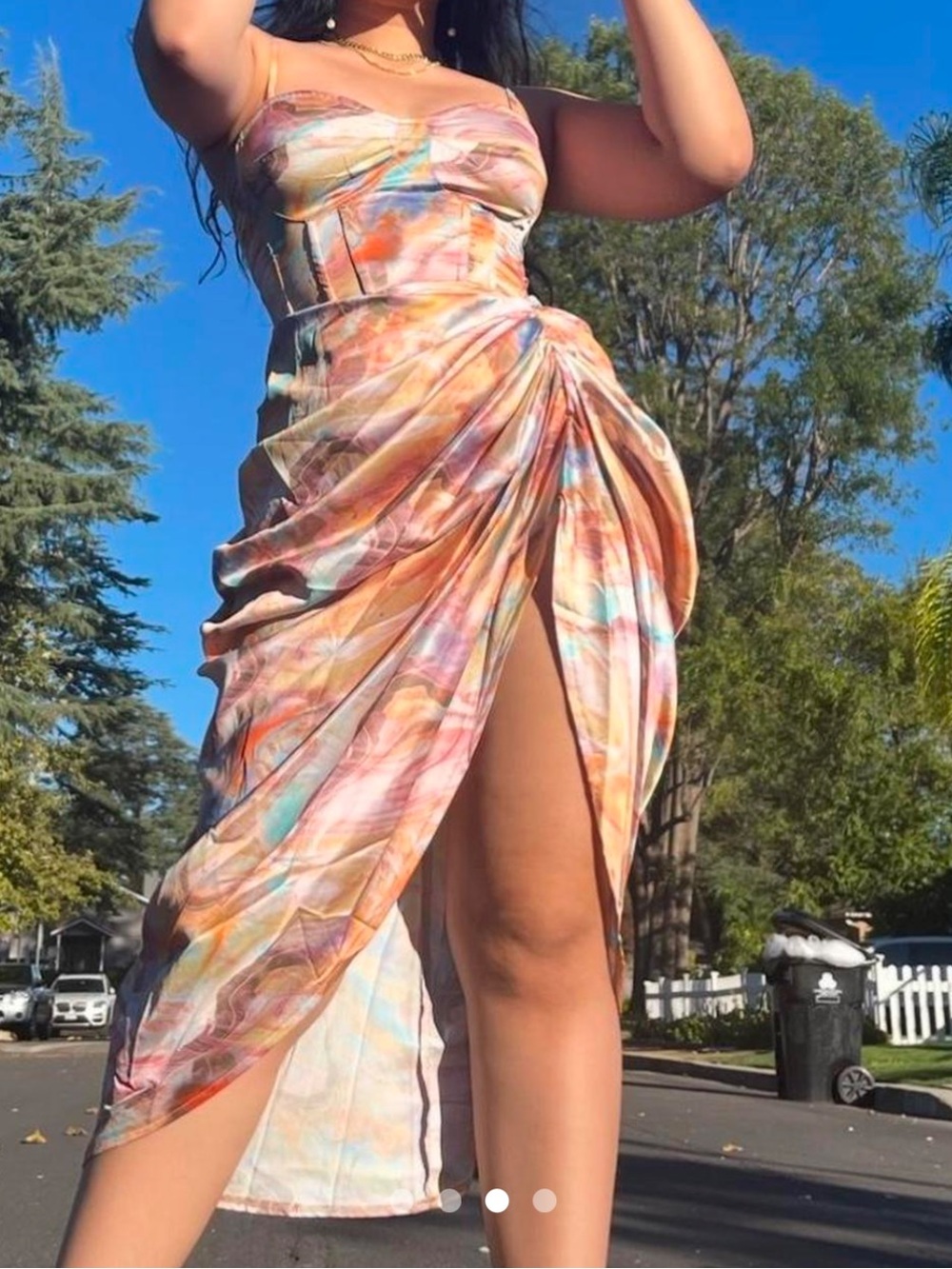 PrettyLittleThing Multicolored Orange-Pink Marble Ruched Midi Dress